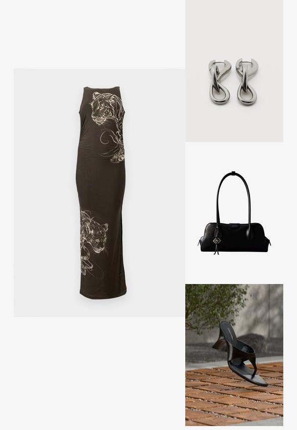 Robe noire longue et ajustée avec une coupe sans manches, mettant en avant des illustrations de tigres blancs et des lignes fluides sur un côté. Texture lisse.; Sandale à talon noire Calvin Klein en forme de tongs flottant au-dessus d'une surface extérieure carrelée avec de la verdure et un mur en béton en arrière-plan.; Sac à main en cuir noir Calvin Klein avec de longues anses, une étiquette logo à l'avant et un charme géométrique argenté suspendu à une anse.; Paire de boucles d'oreilles en métal argenté avec un motif abstrait d'anneaux entrelacés sur fond blanc.