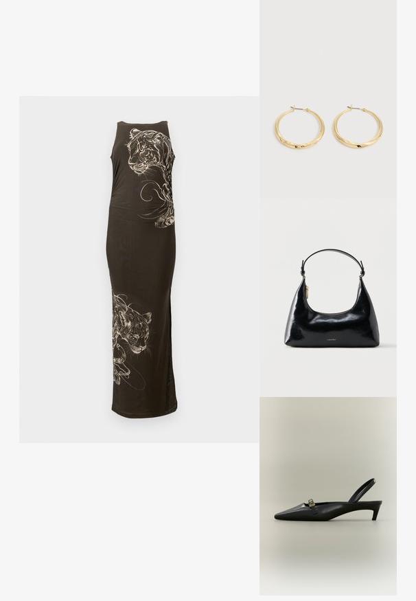 Lang, aansluitend zwart jurkje met een mouwloze ontwerp, voorzien van witte tijgerillustraties en vloeiende lijnen aan één kant. Gladde textuur.; Zwarte lederen slingback kitten heel met puntige neus en klein gouden gespsluiting op een effen achtergrond.; Zwarte glanzende Calvin Klein handtas met gouden rits en korte band tegen een effen witte achtergrond.; Een paar gepolijste gouden oorringen met dunne pennen en scharnierende sluitingen, tentoongesteld op een effen lichtgrijze achtergrond.