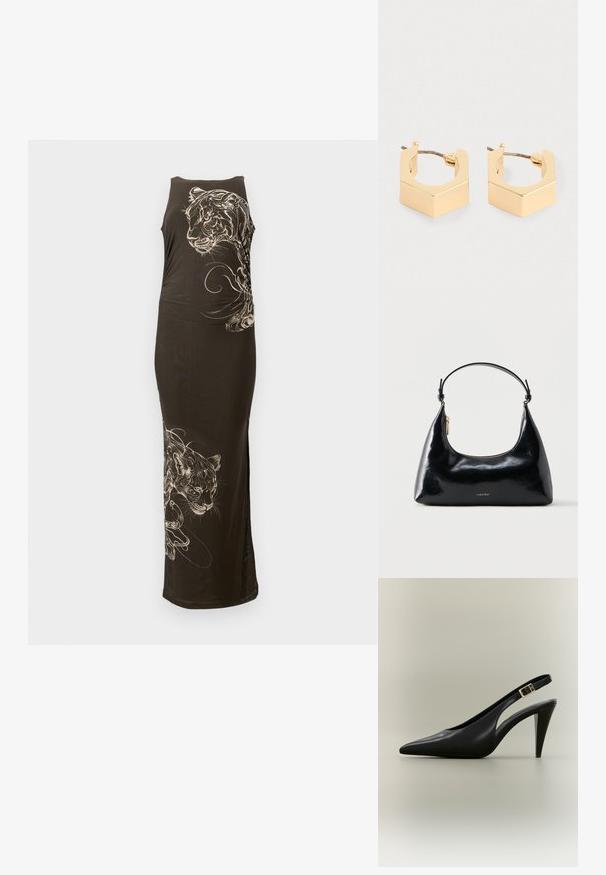 Robe noire longue et ajustée avec une coupe sans manches, mettant en avant des illustrations de tigres blancs et des lignes fluides sur un côté. Texture lisse.; Escarpin à bride arrière en cuir noir avec bout pointu, boucle dorée et talon effilé sur un fond neutre.; Sac à main Calvin Klein noir brillant avec fermeture éclair dorée et anse courte sur fond blanc uni.; Une paire de petites boucles d'oreilles géométriques en ton or avec des bords angulaires et des fermoirs à tige sur un fond clair.
