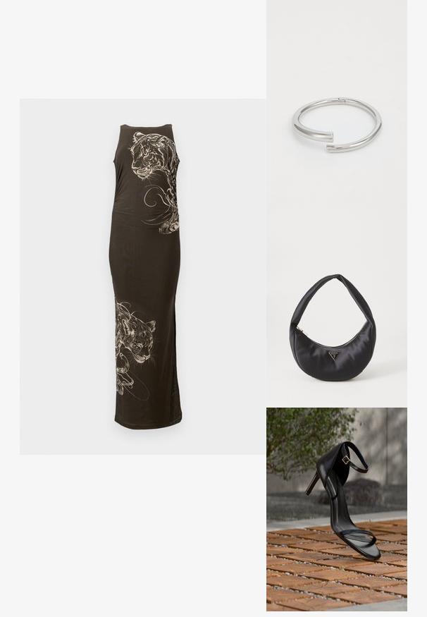 Robe noire longue et ajustée avec une coupe sans manches, mettant en avant des illustrations de tigres blancs et des lignes fluides sur un côté. Texture lisse.; Sandale noire à talon haut avec sangle à la cheville, suspendue au-dessus d'un sol en carreaux de bois à l'extérieur, avec un arrière-plan flou de verdure et de pierre.; Sac à main en satin noir avec une forme courbée, doté d'une fermeture à glissière et d'un logo triangulaire en métal à l'avant. Texture lisse et design épuré.; Calvin Klein SPIRAL - Bracelet - silver-coloured