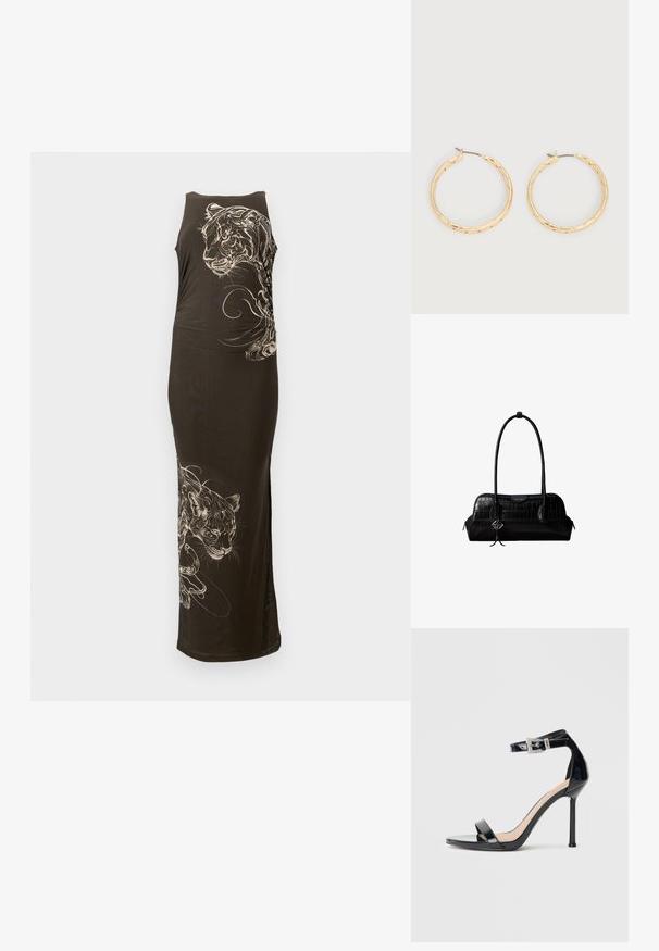 Robe noire longue et ajustée avec une coupe sans manches, mettant en avant des illustrations de tigres blancs et des lignes fluides sur un côté. Texture lisse.; Sandale à talon haut en cuir verni noir avec bride à la cheville. Présente un design minimaliste, un bout ouvert et une boucle ornée de strass.; Sac à épaule en cuir noir à texture crocodile, avec de longues sangles et un petit charm logo argenté sur une sangle.; Paire de boucles d'oreilles créoles texturées en ton or avec tiges fines sur fond blanc.