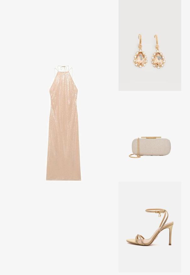 Vestido largo sin mangas en beige claro con cuello halter y lazo en la espalda. Cubierto de lentejuelas, con una silueta fluida y textura suave.; Sandalia de tacón alto beige con tiras finas adornadas con pequeños cristales y una hebilla dorada en el tobillo sobre un fondo liso.; Clutch rectangular beige con textura, correa de cadena en tono dorado y cierre dorado adornado con pedrería sobre fondo blanco.; Pendientes de gancho dorados con grandes piedras en forma de lágrima color melocotón, rodeadas de pequeños cristales transparentes sobre un fondo blanco liso.