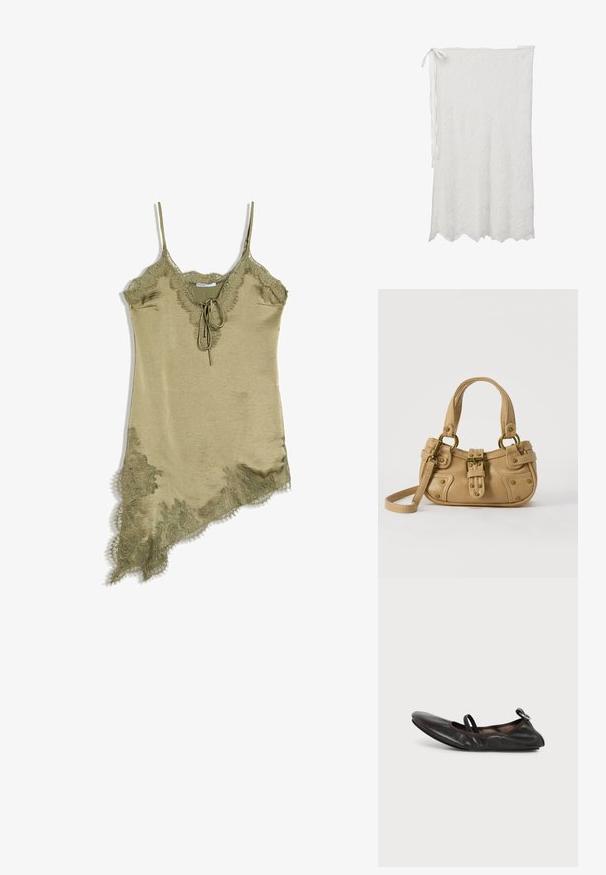 Robe nuisette en satin vert olive avec bordure en dentelle, bretelles spaghetti, col en V, lien à l'avant et ourlet asymétrique.; Chaussure plate en cuir noir avec bout arrondi, bride élastique sur le cou-de-pied et petit détail de boucle métallique au talon.; Jupe portefeuille en dentelle blanche avec ourlet festonné et liens sur le côté, présentant un motif de broderie florale sur le tissu.; Sac à main en cuir beige avec double poignées, boucle en laiton et détails rivetés, ainsi qu'une bandoulière réglable sur fond blanc.