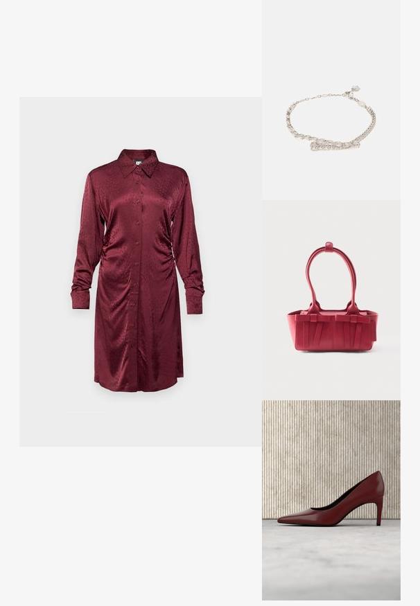 Burgunderfarbiges Satin-Hemdkleid mit langen Ärmeln, Knopfleiste, Kragen, seitlicher Raffung und subtilem Texturmuster.; Ein einzelner dunkelroter High Heel mit spitz zulaufender Zehenkappe steht auf einem reflektierenden, hellfarbenen Boden in der Nähe eines Metall-Ordners.; Rote Lederhandtasche mit zwei oberen Griffen, dekorativen Schleifen auf der Vorderseite und einem Anhänger an der Seite vor weißem Hintergrund.; Silbernes Armband mit rechteckigen und runden klaren Steinen, die abwechselnd angeordnet sind. Mit einem Verschluss und einer Kettenverlängerung für eine verstellbare Passform gesichert.