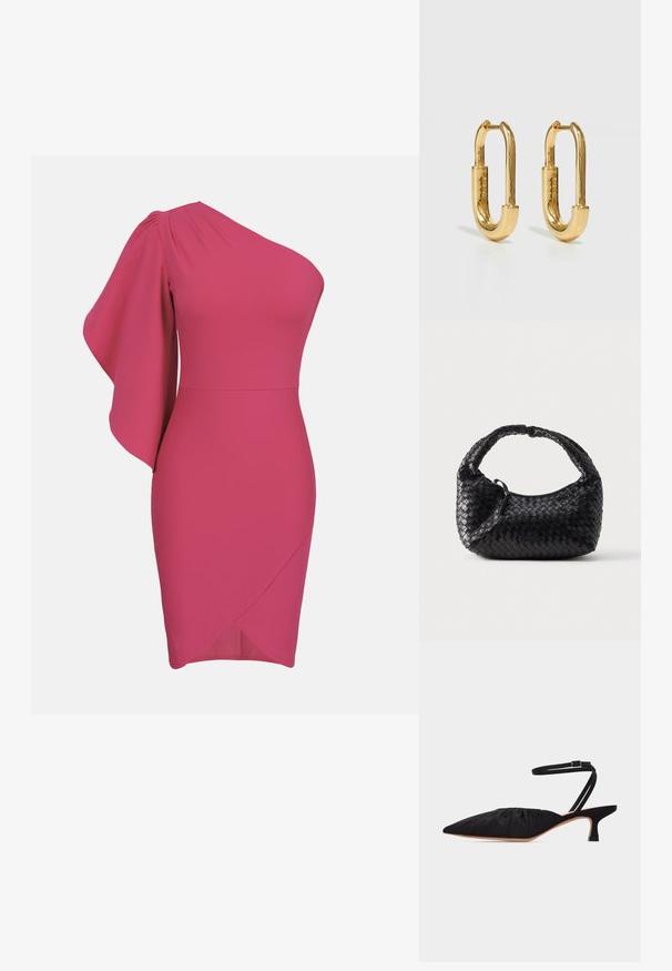 Robe cocktail fuchsia une épaule avec manche drapée et jupe portefeuille asymétrique sur fond uni.; Chaussure noire à talon bas et bout pointu avec dessus froncé et fine bride de cheville à boucle, vue de profil sur fond blanc.; Sac à main noir tissé de forme arrondie, finition texturée et poignée incurvée. Présente un logo discret en accent sur le devant.; Boucles d'oreilles en métal doré en forme d'ovale allongé, avec une surface lisse et polie et un petit charnière pour l'attache.