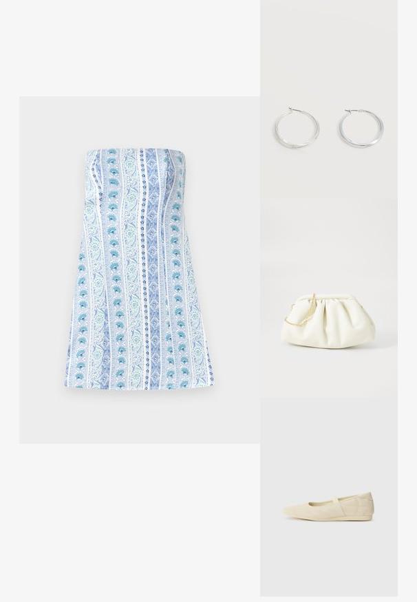 Stropfri kjole i hvid med lodrette blå og grønne blomsterstriber, der har en glat tekstur og en tætsiddende bodice med en udvidet nederdel.; Lysebrune ballet flats med en glat læderoverflade, mandelformet tå og elastisk rem over vristen, med diskrete syninger.; Hvid læderhåndtaske med en samlede design, forsynet med en guldkæde-strop og en rund form. Glat tekstur med bløde folder og ingen mønstre.; Sølvfarvede metaloorringe med glat, let buet overflade og låsemekanisme på en ensfarvet hvid baggrund.