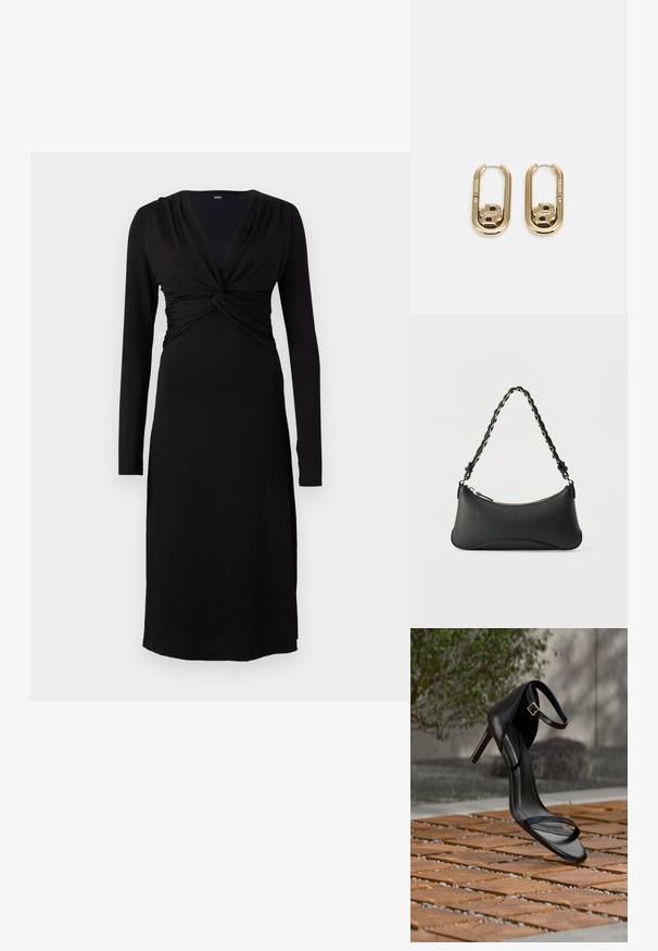 Robe noire à manches longues avec un décolleté en V profond et un détail de corsage torsadé. Conçue dans un tissu lisse et extensible pour le confort et l'ajustement.; Sandale noire à talon haut avec sangle à la cheville, suspendue au-dessus d'un sol en carreaux de bois à l'extérieur, avec un arrière-plan flou de verdure et de pierre.; Sac à bandoulière en cuir noir de forme rectangulaire incurvée, avec une chaîne dorée tissée dans la bandoulière noire tressée et une fermeture éclair sur le dessus.; BOSS DOUBLE B SWING - Boucles d'oreilles - gold-coloured