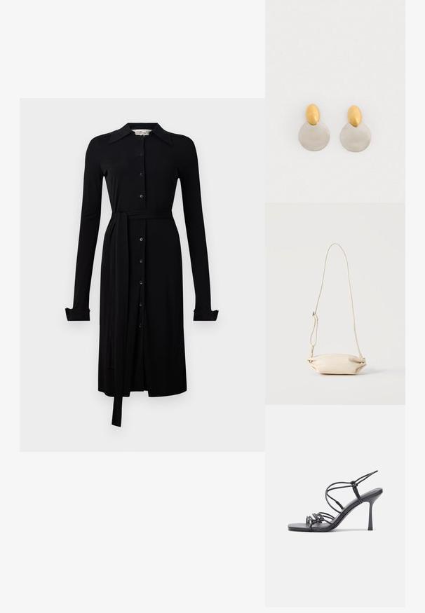 Robe noire à manches longues en tissu lisse, avec un devant à boutons, un col et une ceinture à la taille. Manches à boutons et ourlet au genou.; Des sandales noires à talons hauts avec des fines lanières au design noué, un bout carré lisse et un talon aiguille élégant.; Petit sac bandoulière en cuir beige avec sangle ajustable, présenté sur un fond clair uni.; Boucles d'oreilles en métal doré et argenté avec une base en disque rond et une pièce supérieure ovale, texture lisse et finition polie.