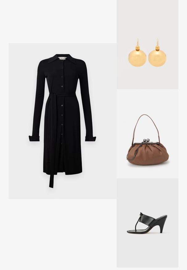 Schwarzes langärmliges Kleid aus glattem Material, mit durchgehender Knopfleiste, Kragen und einem Taillengürtel. Geknöpfte Manschetten und knielanger Saum.; Schwarze Sandalette mit hohem Absatz, breitem Vorderriemen und Zehenschlaufe mit einer geknoteten Kordel als Detail, seitlich auf weißem Hintergrund dargestellt.; Braune Leder-Handtasche mit gerafftem Design, einem kurzen Ledergriff und einem Kettenriemen. Sie verfügt über einen silbernen Metallverschluss mit zwei runden Akzenten.; Paar glänzende goldene Weihnachtskugel-Ohrringe mit Hakenverschlüssen auf einfachem weißem Hintergrund.