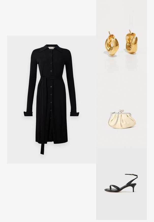 Robe noire à manches longues en tissu lisse, avec un devant à boutons, un col et une ceinture à la taille. Manches à boutons et ourlet au genou.; Sandale pour femme en cuir noir avec fines lanières, une boucle d'orteil, une boucle à la cheville et un talon aiguille de hauteur moyenne sur un fond neutre.; Pochette en cuir beige plissé avec un cadre en métal argenté, dotée de deux fermoirs ronds décoratifs et d'une chaîne en argent.; Boucles d'oreilles créoles en or massif avec un design tubulaire légèrement tordu et des fermoirs à tige sur un fond blanc.