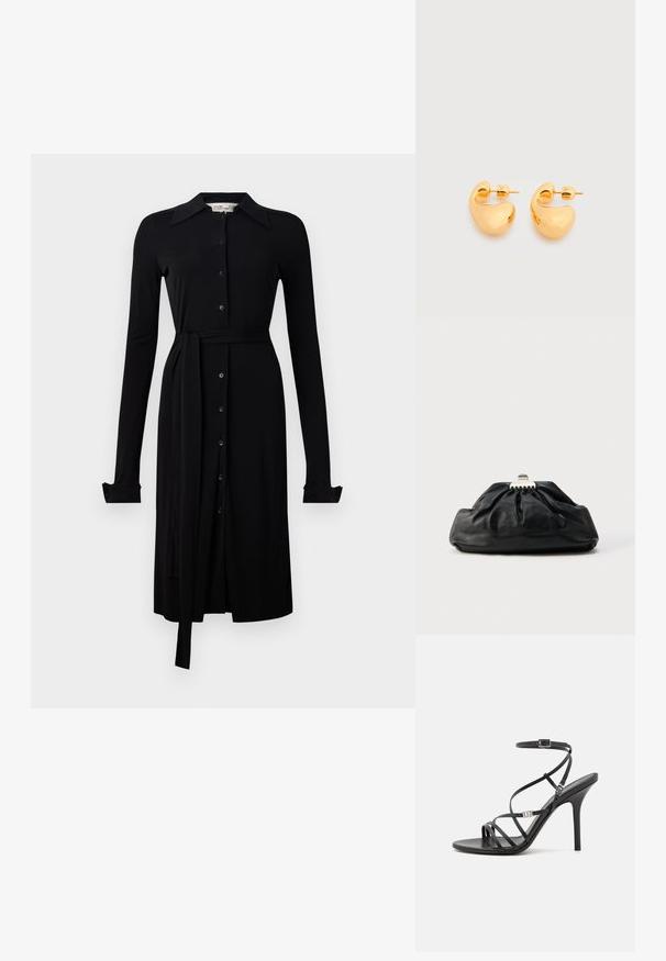 Robe noire à manches longues en tissu lisse, avec un devant à boutons, un col et une ceinture à la taille. Manches à boutons et ourlet au genou.; Sandale noire à talons hauts avec des brides fines, une boucle à la cheville, une surface en cuir lisse et un talon aiguille élancé.; Pochette en cuir noir avec une texture plissée, fermeture à fermoir métallique, et logo embossé discret sur le devant. Forme arrondie.; Paire de petites boucles d'oreilles clous épaisses en métal doré avec des formes lisses, courbes et abstraites sur un fond clair.