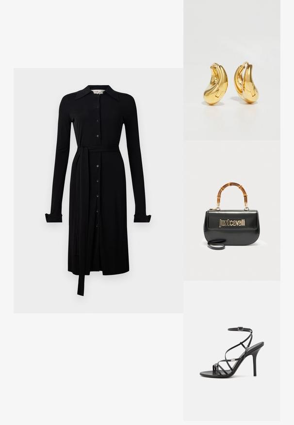 Schwarzes langärmliges Kleid aus glattem Material, mit durchgehender Knopfleiste, Kragen und einem Taillengürtel. Geknöpfte Manschetten und knielanger Saum.; Schwarze High-Heel-Sandale mit dünnen Riemen, einem Knöchelverschluss, einer glatten Lederoberfläche und einem schlanken Stiletto-Absatz.; Schwarze Lederhandtasche mit goldenem "Just Cavalli"-Logo auf der Vorderseite und gebogenem Bambusgriff, ausgestattet mit einem abnehmbaren langen Riemen.; Goldene Creolen mit einer glatten, geschwungenen Form und polierter Oberfläche. Mit einem Verschlussmechanismus und leichten Einkerbungen für Details.