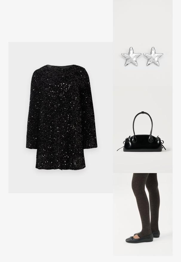 Robe noire à sequins avec un décolleté rond, des manches longues et une coupe décontractée. La surface a une apparence texturée grâce aux sequins.; Jambes portant des leggings côtelés foncés associés à des ballerines noires avec de petits détails en nœud sur fond blanc.; Petit sac à main noir brillant avec deux longues anses et des détails à cordon sur les côtés sur un fond clair uni.; Boucles d'oreilles argentées en forme d'étoile, avec une surface lisse et brillante. Chaque boucle d'oreille possède cinq pointes et des détails subtils de texture de surface.