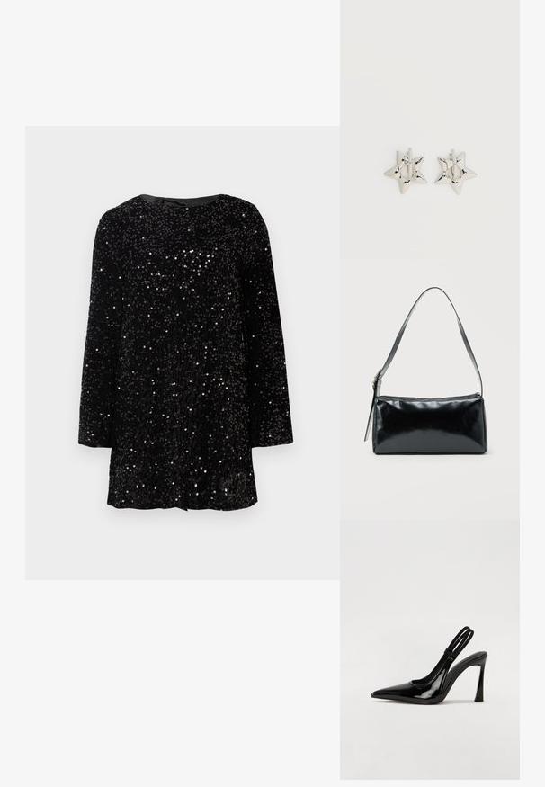 Robe noire à sequins avec un décolleté rond, des manches longues et une coupe décontractée. La surface a une apparence texturée grâce aux sequins.; Escarpin en cuir verni noir à talon aiguille, à bout pointu, avec une sangle élastique double pour un maintien sécurisé. Surface lisse et brillante.; Sac d'épaule rectangulaire noir avec une sangle réglable unique et une fermeture éclair supérieure sur un fond uni.; Boucles d’oreilles créoles en forme d’étoile argentée avec une finition lisse et polie sur un fond blanc uni.