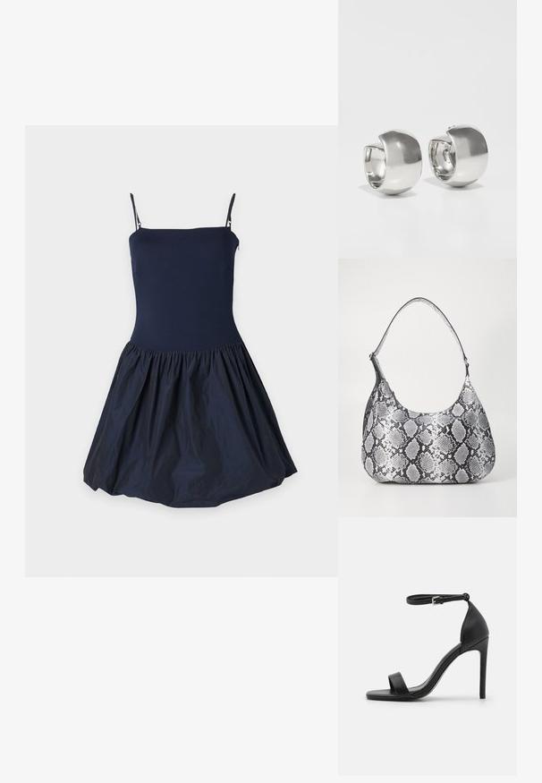 Robe bleu marine avec un haut ajusté et une jupe évasée, froncée. Fabriquée à partir d'un tissu lisse avec des bretelles spaghetti.; Sandale noire à talons hauts au design épuré, avec une bride au niveau de la cheville, un bout ouvert et une texture en cuir lisse.; Sac à épaule en simili cuir noir et blanc avec imprimé serpent, de forme arrondie, texture lisse et bandoulière incurvée. Présente un accent en matériel argenté.; Uncommon Matters SCULPTURAL LARGE CREOLE - Boucles d'oreilles - silver-coloured