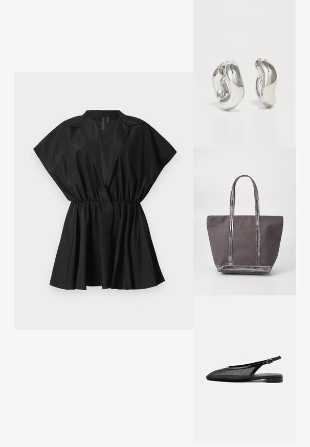 Schwarze Bluse mit kurzen Ärmeln, gerafftem Taillenbereich und plissierter unterer Partie. Hergestellt aus leichtem Stoff, mit einem eleganten, minimalistischen Design.; Schwarzer Slingback-Flachschuh mit spitzer Kappe, Mesh-Obermaterial, verstellbarem Schnallenriemen und niedrigem Blockabsatz auf weißem Hintergrund.; Grau farbener Stoffbeutel mit glänzenden silbernen Paillettenakzenten an den Griffen und am Boden. Rechteckige Form mit offenem Oberteil, robustes Design.; Silberne skulpturale Ohrringe mit glatten, geschwungenen Formen und reflektierenden Oberflächen. Sie verfügen über ein geschlossenes Ringdesign und eine ausgeprägte organische Form.