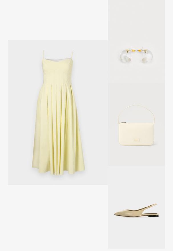 Vestido amarillo plisado con tirantes de espagueti ajustables y un cuerpo ajustado, con una textura suave y falda fluida hasta la mitad de la pantorrilla.; Zapato plano beige con puntera puntiaguda, diseño slingback, tacón bajo negro y acabado en cuero liso, mostrado de perfil sobre un fondo liso.; Bolso rectangular color crema con una sola correa y cremallera superior, con una pequeña placa de logotipo en relieve en el frente.; Pendientes de aro de acrílico transparente con acentos dorados, que presentan un diseño curvado y un cierre transparente. Textura suave, estilo minimalista.