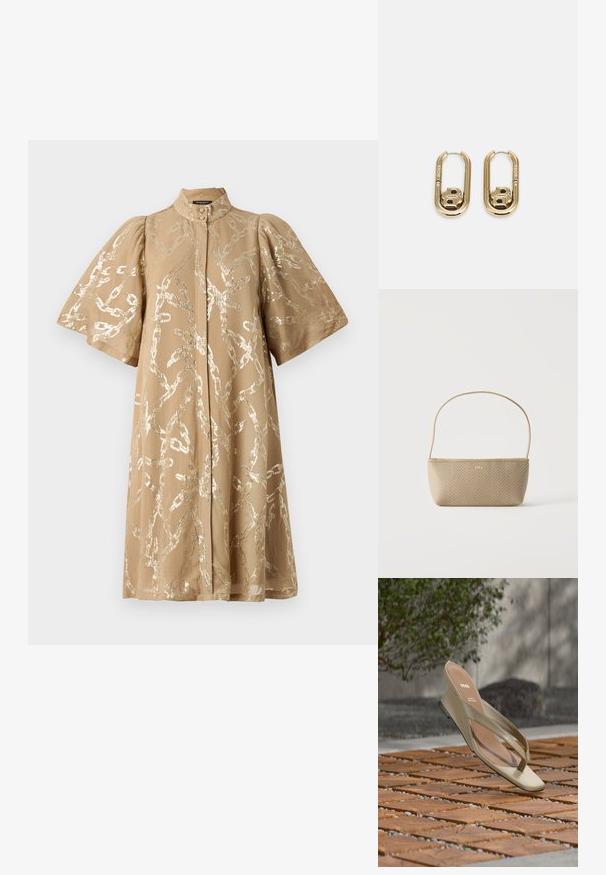 Beige kjole med korte puffærmer, dækket af et metallisk kædemønster. Har høj hals og knaplukning foran. Glat stoftekstur.; Beige læder tåsandal med BOSS-logo på indersålen, svævende over en terrasse med trælameller og små sten imellem.; Beige flettet håndtaske med tynd skulderrem og lille guld "BOSS" logo foran, vist mod en ensfarvet hvid baggrund.; BOSS DOUBLE B SWING - Øreringe - gold-coloured
