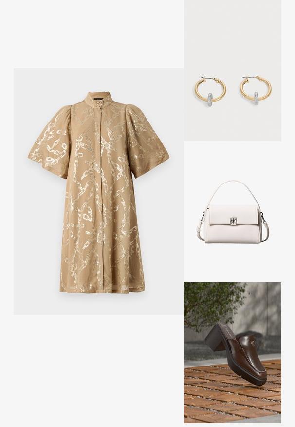 Vestido beige con mangas cortas abullonadas, cubierto con un patrón de cadena metálica. Presenta un cuello alto y cierre frontal de botones. Textura de tela suave.; Mule con tacón de cuero marrón Calvin Klein flotando sobre un suelo de baldosas de madera con un fondo borroso de planta verde y pared.; Bolso de mano de cuero blanco texturizado con asa superior, cierre de solapa, broche cuadrado con logo en plata y correa de hombro desmontable.; Par de pendientes de aro en tono dorado con pequeño detalle de aro en tono plateado en cada uno, expuestos sobre un fondo gris claro.