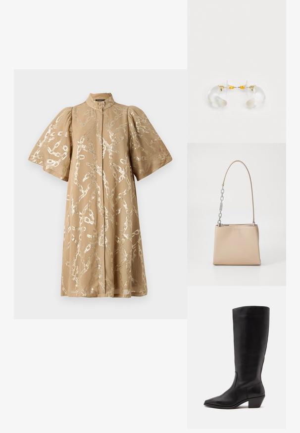 Vestido beige con mangas cortas abullonadas, cubierto con un patrón de cadena metálica. Presenta un cuello alto y cierre frontal de botones. Textura de tela suave.; Bota de cuero negra hasta la mitad de la pantorrilla con puntera puntiaguda y tacón bajo inclinado sobre un fondo claro y liso.; Bolso de mano de piel beige con una textura suave, con un acento de cadena plateada en el asa y un cierre de cremallera. "HUGO" grabado en la parte frontal.; Pendientes de aro de acrílico transparente con acentos dorados, que presentan un diseño curvado y un cierre transparente. Textura suave, estilo minimalista.