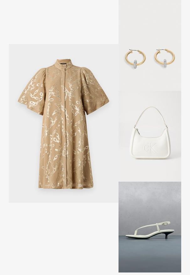 Vestido beige con mangas cortas abullonadas, cubierto con un patrón de cadena metálica. Presenta un cuello alto y cierre frontal de botones. Textura de tela suave.; Sandalia blanca de tacón kitten con tiras y punta afilada, flotando sobre un suelo de baldosas de madera al aire libre, con un fondo desenfocado de plantas y pared.; Bolso de mano de cuero blanco con forma curvada, con un logo "CK" en relieve en la parte delantera y una sola correa para el hombro. Cierre de cremallera en la parte superior.; Par de pendientes de aro en tono dorado con pequeño detalle de aro en tono plateado en cada uno, expuestos sobre un fondo gris claro.
