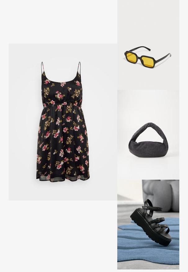 Vestido negro con flores, tirantes finos, cintura ajustada y falda fluida. Presenta flores rosas y amarillas sobre una tela transparente. Diseñado para el verano.; Sandalia de plataforma negra con tres correas ajustables con hebillas, colocada sobre una alfombra azul texturizada con fondo desenfocado.; Gafas de sol negras rectangulares con lentes amarillos. Presentan montura gruesa y un diseño angular con un acabado liso y brillante.; Bolsa de tela gris oscuro con un asa curva, textura suave y forma redondeada. Sin hardware ni adornos visibles.