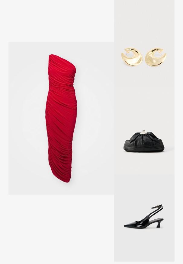 Rød, stropløs, bodycon kjole med sammenslynget stof for en rynket tekstur, lang længde og en strømlinet silhuet.; Sorte patenterede læderslingbacks med spidse tæer, lav blokhælt og justerbar ankelrem med guldspænde.; Sort læderclutch med en samlet tekstur, metal lukning og diskret præget logo på forsiden. Rundet form.; Et par skinnende guld halvmåneformede studøreringe med klare plastikbagstykker på en lys grå overflade.