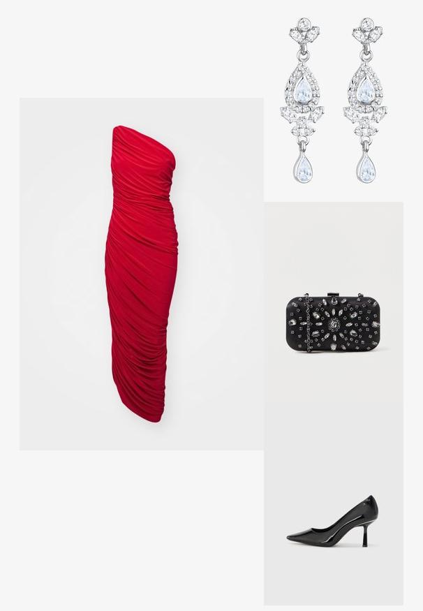 Rotes, trägerloses Bodycon-Kleid mit gerafftem Stoff für eine rüschige Textur, langer Länge und einer eleganten Silhouette.; Schwarze Lackleder-Pumps mit hohem Absatz, spitzem Zehenbereich, eleganter Form und schlankem Stiletto-Absatz, mit einer glatten, glänzenden Oberfläche.; Schwarze Clutch mit rechteckiger Form, verziert mit verschiedenen Strasssteinen in einem floralen Muster, ausgestattet mit einer silbernen Kette zum Tragen.; Elli ANTIQUE DROP - Ohrringe - weiß