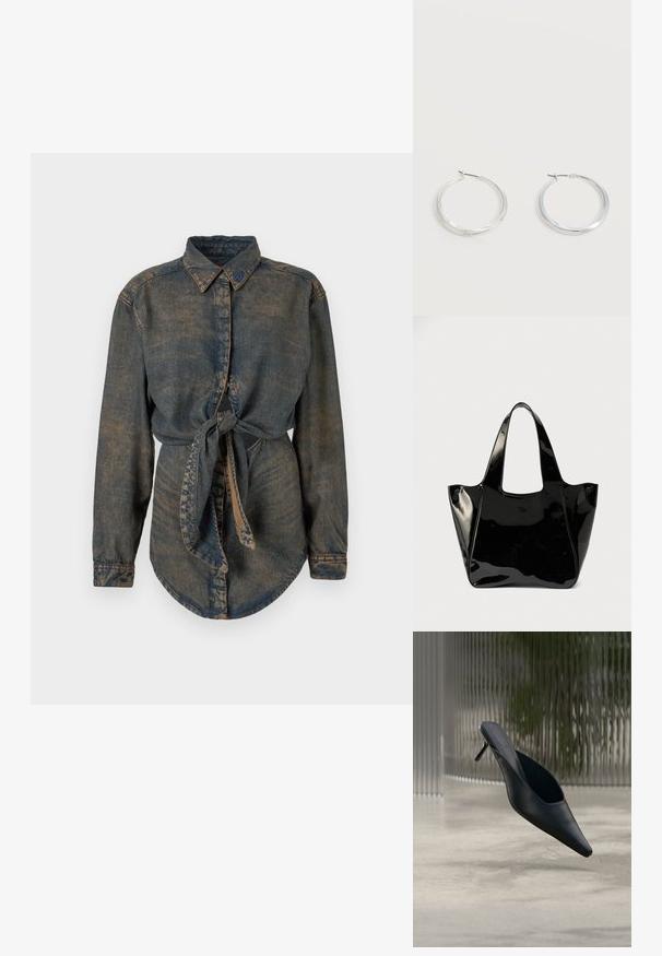 Denimskjorte i mørkeblå med en let falmet finish. Har en spids krave, knaplukning og en knyttet detalje i taljen.; Sort mule sko med spids tå og tynd høj hæl, der svæver over en glat beton gulv med en sløret baggrund med lodrette striber.; Sort blank lædertaske med brede håndtag og et lille ovalt logo foran, vist mod en ensfarvet baggrund.; Sølvfarvede metaloorringe med glat, let buet overflade og låsemekanisme på en ensfarvet hvid baggrund.