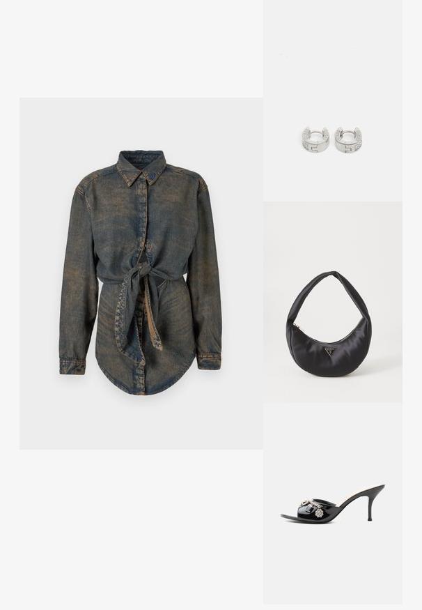 Camisa de mezclilla de color azul oscuro con un acabado ligeramente desvanecido. Presenta un cuello puntiagudo, cierre de botones y un detalle anudado en la cintura.; Mule de charol negro de tacón alto con punta abierta y adornos decorativos plateados, incluyendo una flor y un candado en la tira delantera.; Bolso de satén negro con forma curva, que cuenta con un cierre de cremallera y un logo triangular en metal en la parte delantera. Textura suave y diseño elegante.; Guess STYLISH - Pendientes - silver-coloured