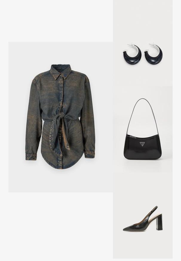 Denimskjorte i mørkeblå med en let falmet finish. Har en spids krave, knaplukning og en knyttet detalje i taljen.; Sort læder peep-toe slingback sko med høj blokhæl og beige indvendig foring mod en ensfarvet lys baggrund.; Sort patenteret læder skuldertaske med en buet form, prydet med et sølvfarvet trekantet logo og en lynlås-lukning. Glat tekstur og slank rem.; Sorte harpiks hoops øreringe med en skinnende overflade og silvertone hardware detaljer. Cirkulær form med en udskæring og stift-bagside lukning.
