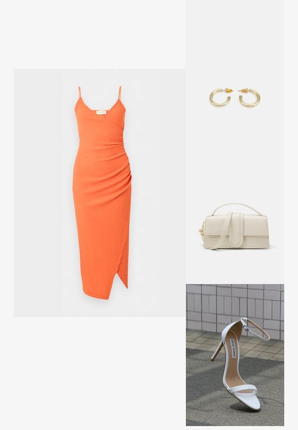Robe midi orange sans manches avec fines bretelles, décolleté en V, détail froncé sur le côté et ourlet asymétrique.; Sandale blanche à talon haut avec lanière à la cheville, bout pointu, texture en cuir lisse, et talon aiguille fin. Étiquette "Steve Madden" visible.; Sac à main en cuir couleur crème, de forme rectangulaire, avec une poignée plate et une bandoulière détachable ; présente un rabat à l'avant avec une fermeture magnétique.; Boucles d'oreilles en métal doré en forme d'anneau, avec une finition lisse et arrondie. Elles possèdent des accents orange à l'arrière pour un maintien sécurisé.