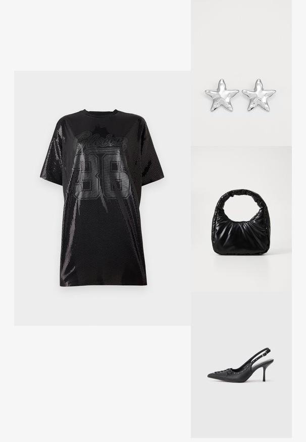 Sort mesh t-shirt med oversized pasform, rund halsudskæring og "Glorious 36" grafik i glansfuld sort print på forsiden.; Sorte læder slingback stiletto med spids tå, side spændebånd, nitter langs kanten og dekorativ snøring foran.; Sort polstret håndtaske med et rundt håndtag, der har en glat, skinnende overflade og en blød, kviltet tekstur. Ingen synlige hardware eller accenter.; Sølvstjernede øreringe med en poleret, blank overflade. Hver ørering har fem spidser og subtile teksturdetaljer på overfladen.