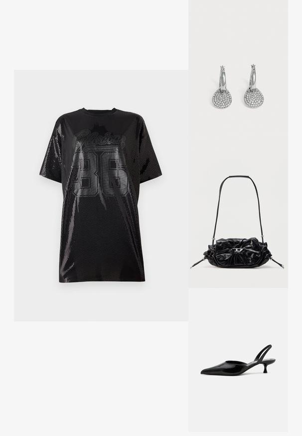 Μαύρο μπλουζάκι από δίχτυ με oversized εφαρμογή, στρογγυλή λαιμόκοψη και γραφικό "Glorious 36" σε γυαλιστερή μαύρη εκτύπωση μπροστά.; Μαύρο παπούτσι slingback kitten heel από λευκό δέρμα με μυτερή μύτη και χαμηλή καμπυλωτή τακούνι σε απλό ανοιχτό φόντο.; Μαύρη δερμάτινη τσάντα χειρός με σχεδιασμό πιέτας και λεπτομέρεια φιόγκου στο μπροστινό μέρος. Διαθέτει κοντή λαβή και ασημένιες μεταλλικές λεπτομέρειες.; Ασημένια σκουλαρίκια κρίκοι με στρογγυλά, επίπεδα μενταγιόν επενδεδυμένα με μικρούς διάφανους κρυστάλλους σε απλό ανοιχτό φόντο.
