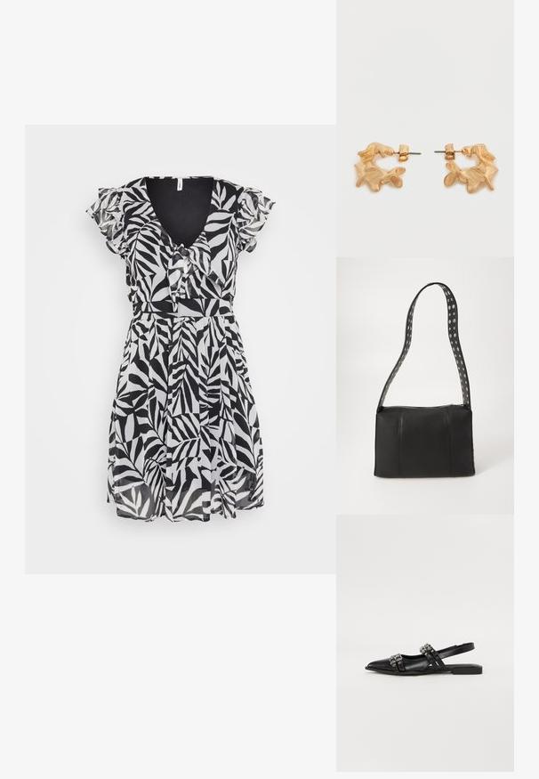 Zwart-wit jurk met bladmotief, flapmouwen, v-hals en tailleband. Gemaakt van lichtgewicht stof, met een uitlopende rok.; Even&Odd Slingback ballerina´s - black; Zwarte leren handtas met een rechthoekige vorm, voorzien van een ritsluiting en een stippenriem. Gladde textuur, minimale stiksel details.; Oorbellen in goudkleur met een abstracte, organische vorm, voorzien van een gestructureerd oppervlak en een sluiting met oorstekers.
