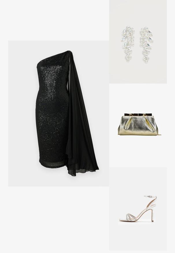 Vestido negro de lentejuelas con un diseño de un solo hombro. Presenta un detalle de capa de gasa negra que fluye, una silueta ajustada y un dobladillo a la altura de la rodilla.; Sandalia de tacón alto plateada con múltiples tiras que presentan acentos de pedrería, diseño de punta abierta y hebilla en el tobillo. Acabado metálico suave.; Bolso de mano con textura dorada, cierre metálico de marco y cadena delicada, sobre fondo blanco.; Par de pendientes en tono plateado con cristales claros facetados agrupados en formas redondas y marquesas sobre fondo blanco.
