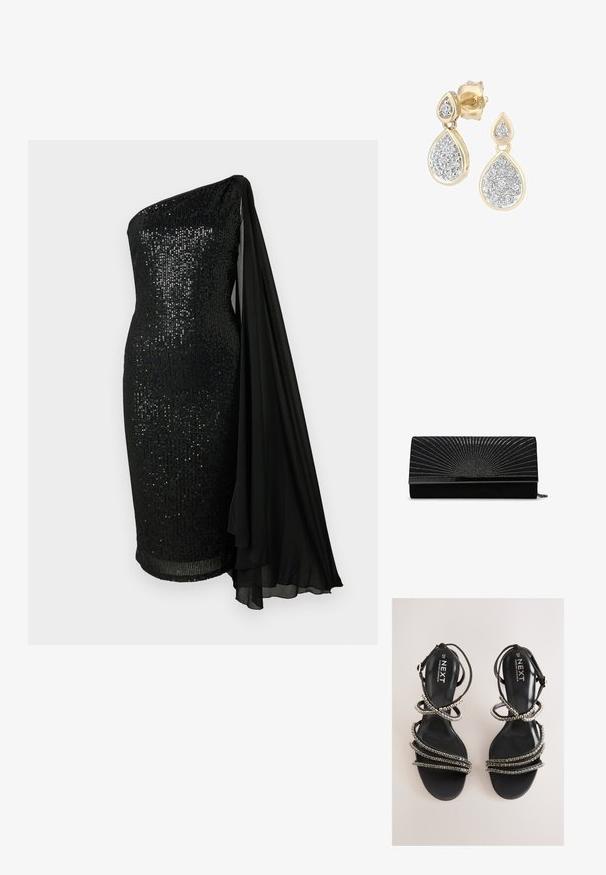 Vestido negro de lentejuelas con un diseño de un solo hombro. Presenta un detalle de capa de gasa negra que fluye, una silueta ajustada y un dobladillo a la altura de la rodilla.; Sandalias negras con tiras y detalles metálicos. Cuentan con una plantilla de textura suave y múltiples tiras decoradas que crean una apariencia en capas.; Bolso de mano negro en ante con cierre metálico, que presenta un patrón adornado de tachuelas plateadas que irradian desde el centro. Compacto y rectangular.; Pendientes en forma de lágrima con un marco dorado y acentos plateados, adornados con múltiples piedras redondas brillantes en una disposición decorativa.