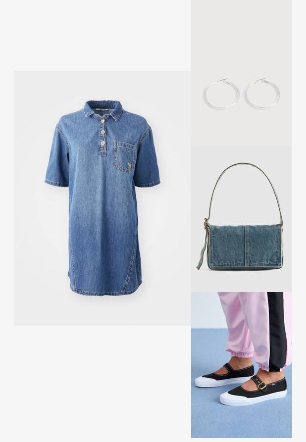 Denim polo kjole i lyseblå, med krave, korte ærmer, fire-knaps lukning og en lomme på venstre bryst.; Sorte lærredssko med en hvid sål, der har et udskæringsdesign og et guldspænde. Bæret med lyserøde træningsbukser.; Denim skuldertaske med fold-over design, lys blå farve, synlige sømme, justerbar rem og en sidelabel-detalje.; Par skinnende sølvøreringe med tynde trådlåse, vist på en lys grå baggrund.