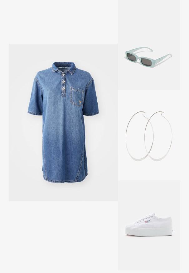 Denim polo jurk in lichtblauw, met een kraag, korte mouwen, een vierknops sluiting en een zakje aan de linkerkant van de borst.; Witte canvas sneaker met een dikke witte platformzool, ronde neus en metalen oogjes voor veters. Merkl logo aan de zijkant weergegeven.; Een paar rechthoekige zonnebrillen met lichtblauwe doorzichtige monturen en donkergrijze glazen, met rechte pootjes en minimale hardwaredetails.; Zilveren oorringen met een dun, glad ontwerp; langwerpige ovale vorm; gepolijste afwerking; voorzien van een veilige haaksluiting.
