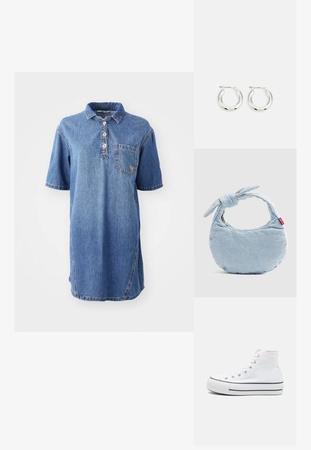Denim polo kjole i lyseblå, med krave, korte ærmer, fire-knaps lukning og en lomme på venstre bryst.; Hvide høj-top sneakers lavet af kanvasmateriale, sort gummisål og kontrasterende sort stribe på mellemsålen. Rund tåhætte og snørebåndsdesign.; Lyseblå denim skuldertaske med knudedetalje på håndtaget og en lille rød Levi's-mærkat på siden.; Sølv hoop-øreringe med en poleret finish, der har en cirkulær form og en hængslet lukning. Glat tekstur med minimal detaljering.