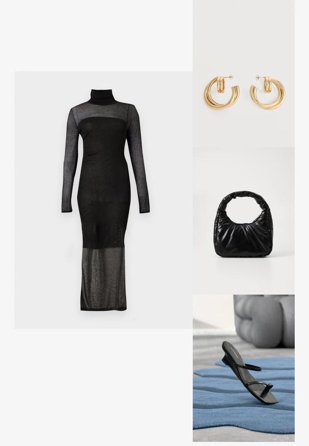 Robe noire à manches longues en tissu transparent, col roulé, avec une doublure opaque jusqu'à mi-cuisse et un tissu semi-transparent s'étendant jusqu'à la cheville.; Sandale noire à brides avec boucle d’orteil exposée sur un tapis texturé bleu, avec un grand objet décoratif gris flouté en arrière-plan.; Sac à main noir rembourré avec une poignée arrondie, présentant une surface lisse et brillante ainsi qu'une texture douce et matelassée. Pas de quincaillerie ou d'accents visibles.; Paire de boucles d'oreilles créoles doubles en or brillant avec attaches à tige sur fond blanc.