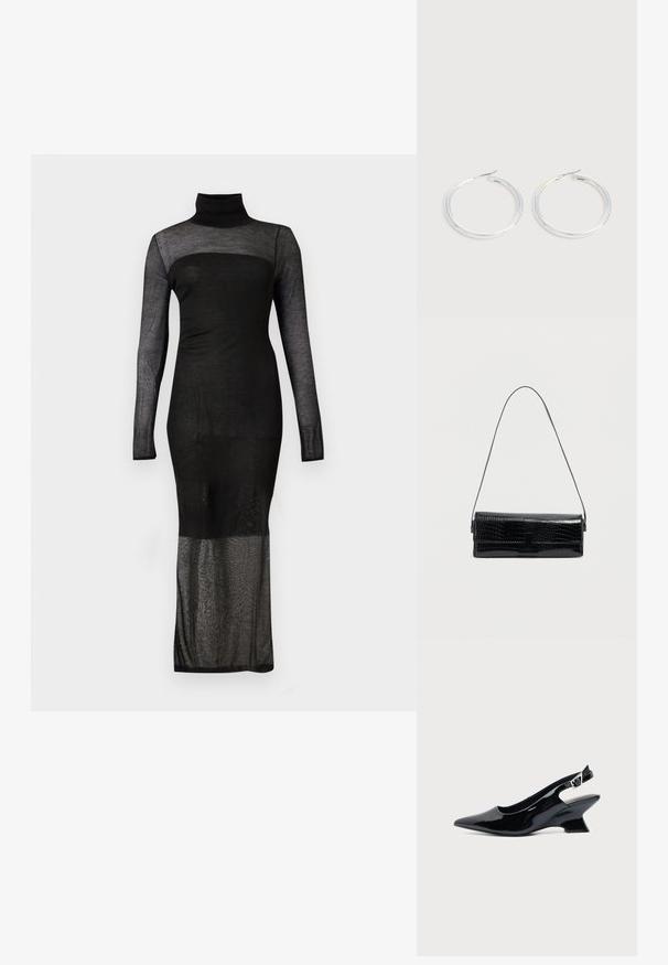 Robe noire à manches longues en tissu transparent, col roulé, avec une doublure opaque jusqu'à mi-cuisse et un tissu semi-transparent s'étendant jusqu'à la cheville.; Chaussure slingback en cuir verni noir avec bout pointu et petit talon bloc incliné sur fond clair uni.; Sac à bandoulière en cuir noir effet croco, forme rectangulaire, texture brillante, avec une fine sangle réglable et une fermeture à rabat frontale.; Paire de boucles d'oreilles créoles argentées brillantes avec fermoirs en fil fin, présentée sur un fond gris clair.