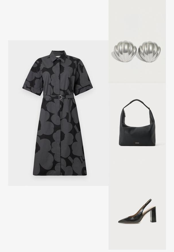 Čierno-siv dress s kvetinovým vzorom a krátkymi rukávmi, s golierom a opaskom v páse. Hladká tkanina s voľným strihom.; Čierna kožená slingback obuv s špicatou špičkou, vysokým hrubým podpätkom a béžovou vnútornou podšívkou na svetlom jednofarebnom pozadí.; Čierna kožená kabelka na rameno s pletenou rúčkou, zlatým zipsovým detailom a malým zlatým logom "HUGO" v strede vpredu.; Dve kompaktné zrkadielka striebornej farby v tvare mušle so žliabkovaným vzorom, umiestnené vedľa seba na bielom pozadí.