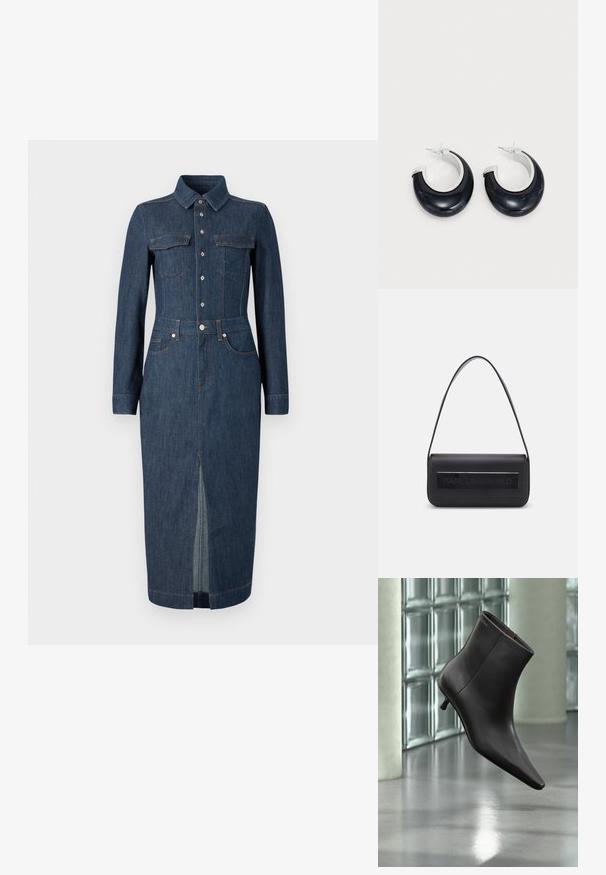 Jeanskleid mit langen Ärmeln, klassischem Kragen, Fronttaschen und Knopfverschluss. Dunkelblau mit einem zentralen Schlitz am Saum für mehr Bewegungsfreiheit.; Schwarzer Leder-Knöchelstiefel mit spitzer Spitze und kleinem Absatz vor einer Wand aus Glasbausteinen und einem polierten Boden.; Schwarze Ledertasche mit einem einzigen Schulterriemen, rechteckiger Form, ausgestattet mit einem strukturierten Feld mit dem prägten "KARL LAGERFELD" Logo auf der Vorderseite.; Schwarze Harz-Hoops mit glänzender Oberfläche und silberfarbenen Hardware-Details. Zirkulare Form mit Ausschnitt und Post-Back-Verschluss.