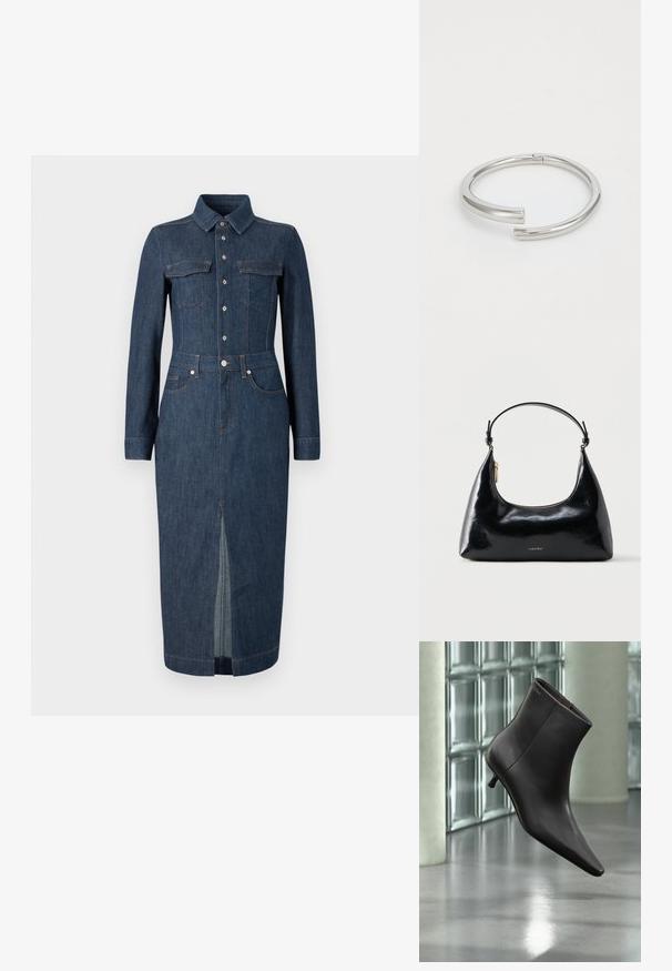 Jeanskleid mit langen Ärmeln, klassischem Kragen, Fronttaschen und Knopfverschluss. Dunkelblau mit einem zentralen Schlitz am Saum für mehr Bewegungsfreiheit.; Schwarzer Leder-Knöchelstiefel mit spitzer Spitze und kleinem Absatz vor einer Wand aus Glasbausteinen und einem polierten Boden.; Schwarze, glänzende Calvin Klein Handtasche mit goldfarbenem Reißverschluss und kurzem Trageriemen vor schlichtem weißem Hintergrund.; Calvin Klein SPIRAL - Armband - silver-coloured