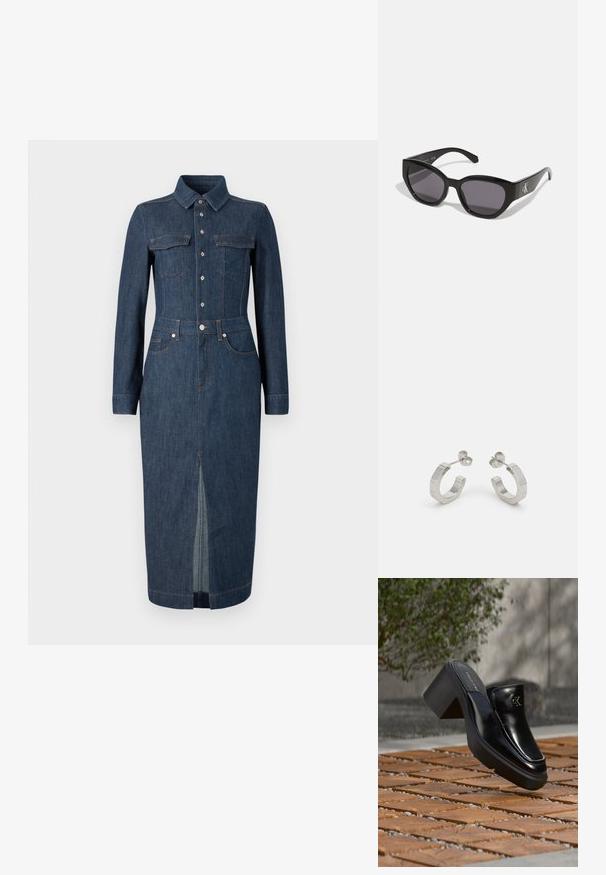 Jeanskleid mit langen Ärmeln, klassischem Kragen, Fronttaschen und Knopfverschluss. Dunkelblau mit einem zentralen Schlitz am Saum für mehr Bewegungsfreiheit.; Schwarze Leder-Slip-on-Mule von Calvin Klein mit Blockabsatz, die auf Holzfliesen im Freien nahe einer grünen Pflanze und einer grauen Wand ruht.; Schwarze Sonnenbrille mit einem schlanken, kantigen Design, dunklen Gläsern und einem kontrastierenden silbernen Logo an der Seite. Glatte Kunststoffoberfläche.; Silberne Metall-Hoops mit strukturiertem Design, ausgestattet mit einem kleinen Steckverschluss und Branding an einem Hoop. Abgerundete Form mit glänzender Oberfläche.