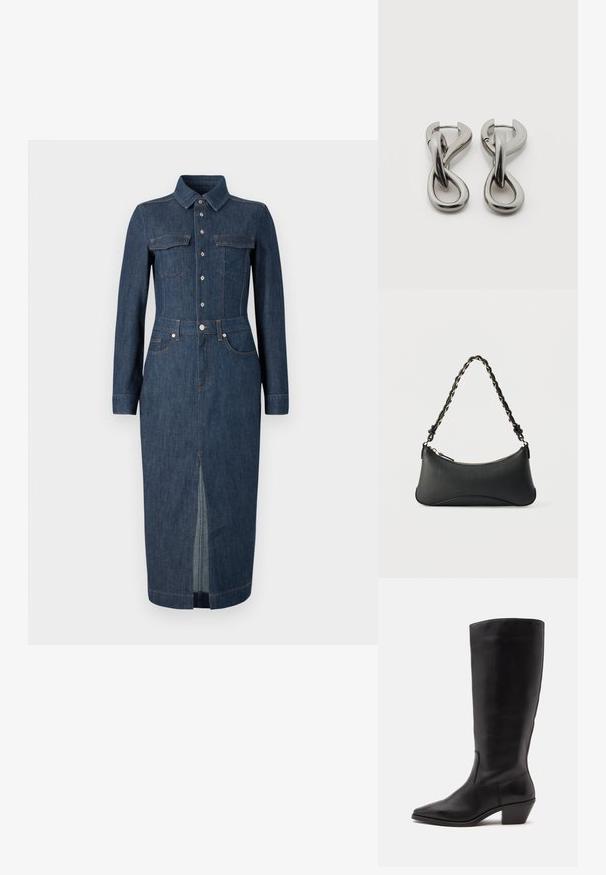 Jeanskleid mit langen Ärmeln, klassischem Kragen, Fronttaschen und Knopfverschluss. Dunkelblau mit einem zentralen Schlitz am Saum für mehr Bewegungsfreiheit.; Schwarzer Lederstiefel bis zur Wade mit spitzer Spitze und niedrigem schrägem Absatz vor einfachem hellem Hintergrund.; Schwarze Lederschultertasche mit gewölbter rechteckiger Form, goldener Kette, die in den geflochtenen schwarzen Riemen eingewebt ist, und Reißverschlussverschluss oben.; Paar silberfarbene Metallohrringe mit abstraktem ineinandergreifendem Schlaufen-Design auf weißem Hintergrund.