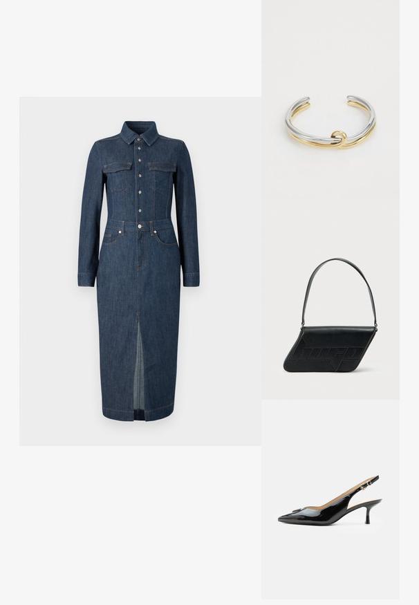Denimmekko pitkähihaisilla, klassisella kauluksella, etutaskuilla ja nappikiinnityksellä. Tummansininen, keskellä halkio helman kohdalla liikkumisen helpottamiseksi.; Musta kiiltonahkainen slingback-korkokenkä, jossa kärkiosa on terävä, pieni kitten-korko ja hopeinen solkiremmi valkoisella yksivärisellä taustalla.; Musta nahkainen olkalaukku, jonka muoto on kolmionmuotoinen, siinä on kohokuvioitu logo ja yksi säädettävä hihna. Minimalistinen muotoilu ja sileä pinta.; Metallinen rannekoru, jossa on kietoutuvia hopea- ja kultanauhoja, joilla on sileä, kiillotettu pinta. Merkittävä solmiyksityiskohta keskellä.