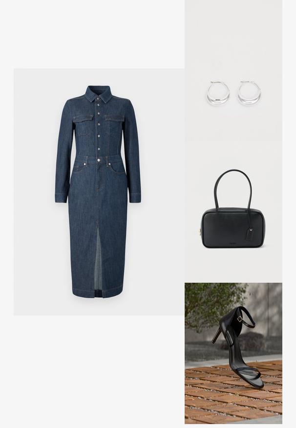 Jeanskleid mit langen Ärmeln, klassischem Kragen, Fronttaschen und Knopfverschluss. Dunkelblau mit einem zentralen Schlitz am Saum für mehr Bewegungsfreiheit.; Schwarze Sandalette mit hohem Absatz und Knöchelriemen schwebt über einem Holzboden im Freien vor verschwommenem Grün und Steinhintergrund.; Schwarze rechteckige Handtasche mit doppelten, abgerundeten Griffen, goldfarbenem Reißverschluss und geprägtem „HUGO“-Logo auf der Vorderseite sowie angebrachtem Lederanhänger.; Silberne Creolen mit glänzender Oberfläche und DKNY-Logo, vor einem schlichten weißen Hintergrund präsentiert.