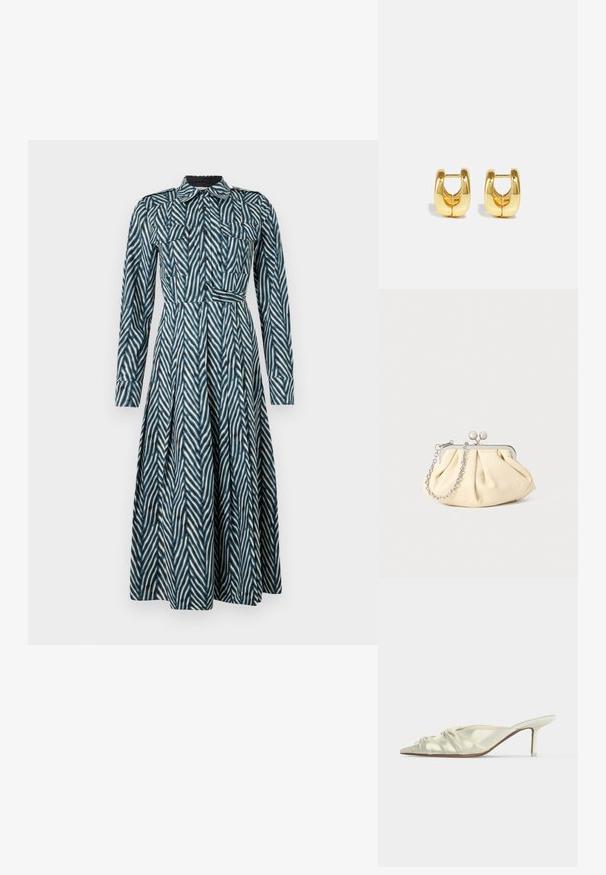 Diane von Furstenberg ASPEN DRESS - Skjortekjole - blue; Hvide satin mule med spids tå, rynkede detaljer og en slank mellemhøj hæl på ensfarvet baggrund.; Plisseret beige læderclutch med en sølvmetalramme, der har to runde dekorative låse og en sølvkædetrasporte.; Guld hoops øreringe med et slankt, afrundet design. Har en hul midte og en blank overflade, der komplementerer moderne stilarter.